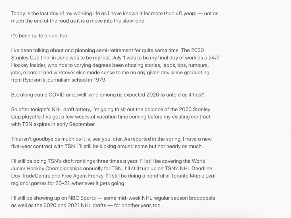 Bob McKenzie retirement statement