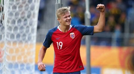 Erling celebrates one of his nine goals against Honduras U-20