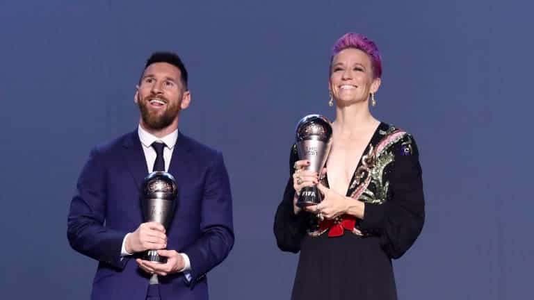 Megan Rapinoe and Leo Messi receiving the best FIFA award