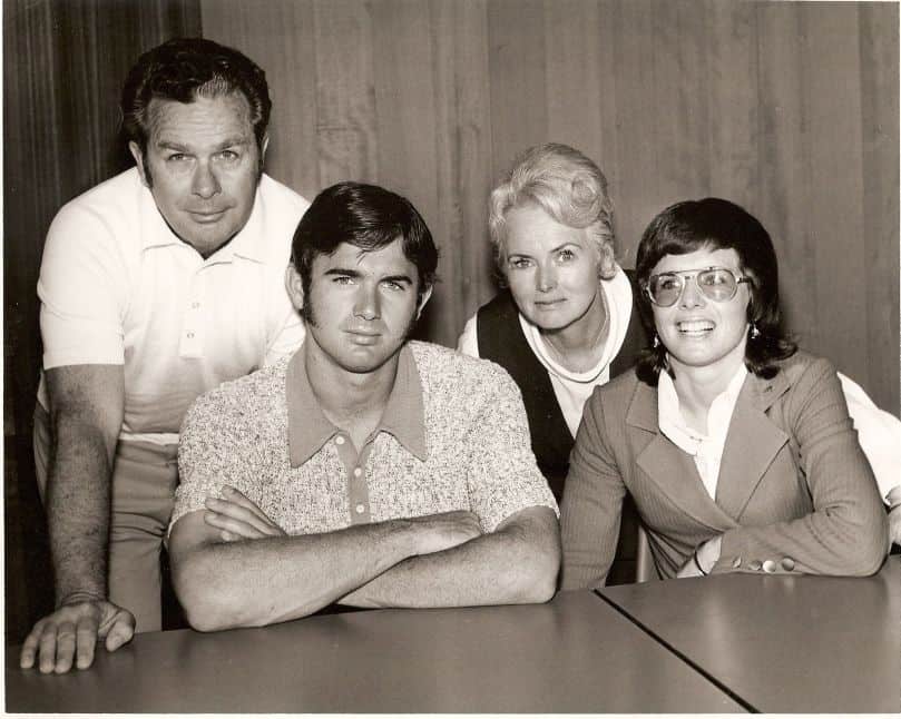 Billie Jean King with family: (l to r) Bill Moffitt (father), Randy Moffitt (brother), Betty Moffitt (mother), and Billie Jean King (née Moffitt)