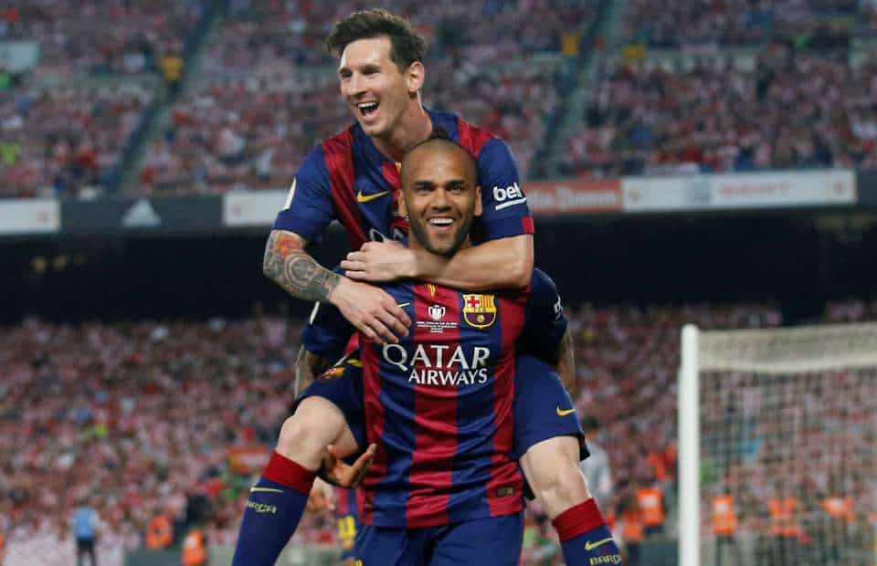 Dani Alves and Lionel Messi sharing their happy moment