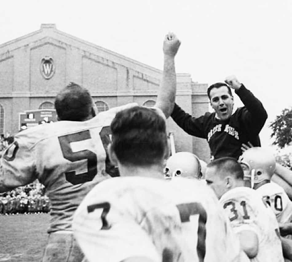 Football coach, Ara Parseghian's excitment in the victory