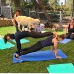 Amanda Balionis doing Yoga with friend and dog