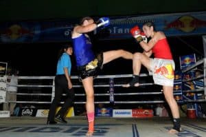 Joanne Calderwood (blue) at Muay Thai.
