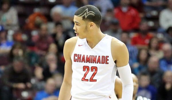 Picture of Jayson Tatum at Chaminade by wearing a white jersey.