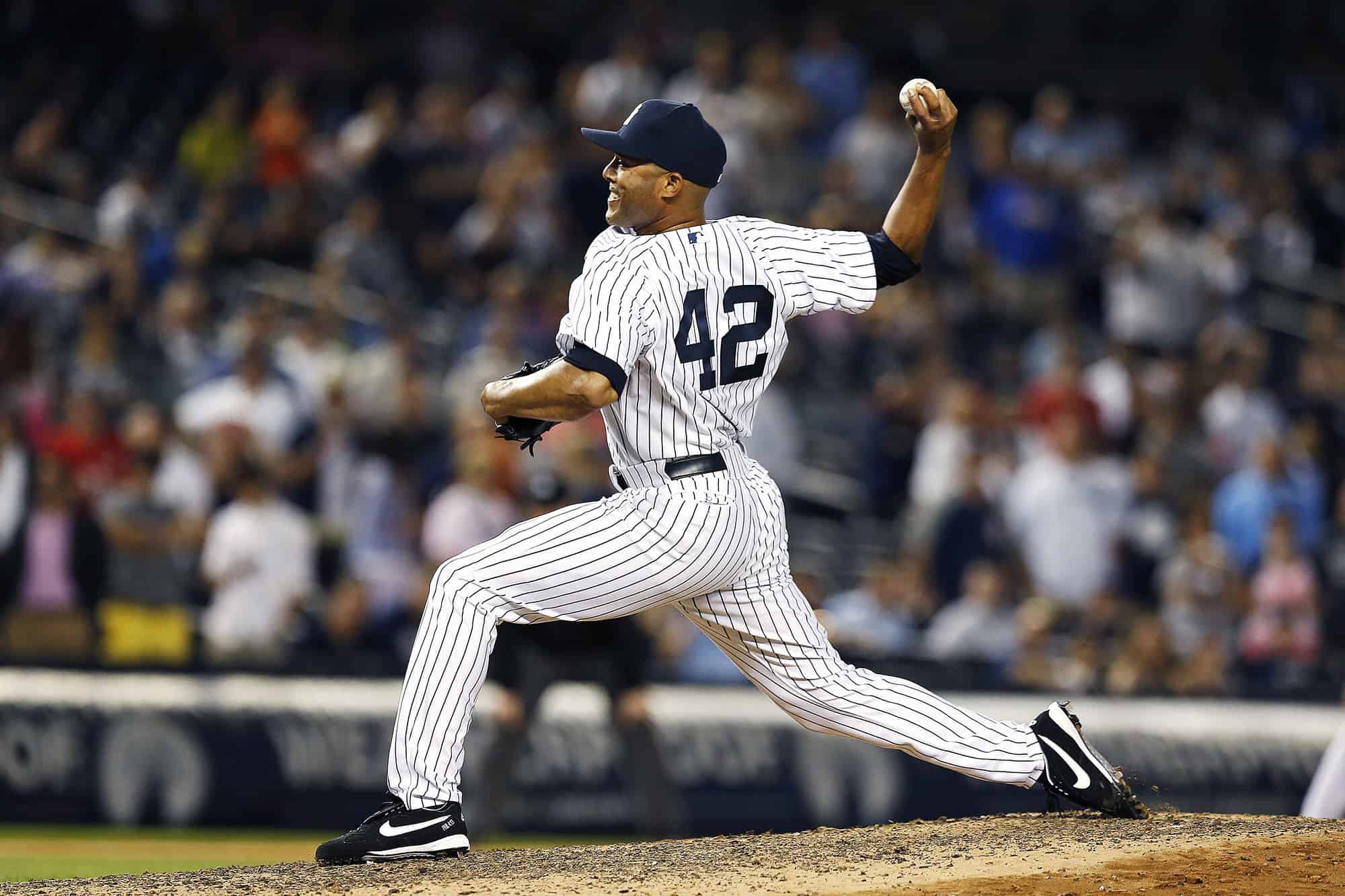 New York Yankees closing pitcher Mariano Rivera delivers a pitch during a June 21, 2013 home game against the Tampa Bay Rays at New Yankee Stadium.