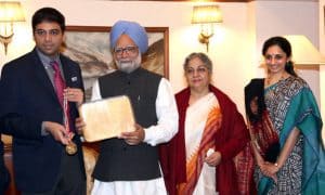 Vishwanathan Anand receiving award from then PM Manmohan Singh