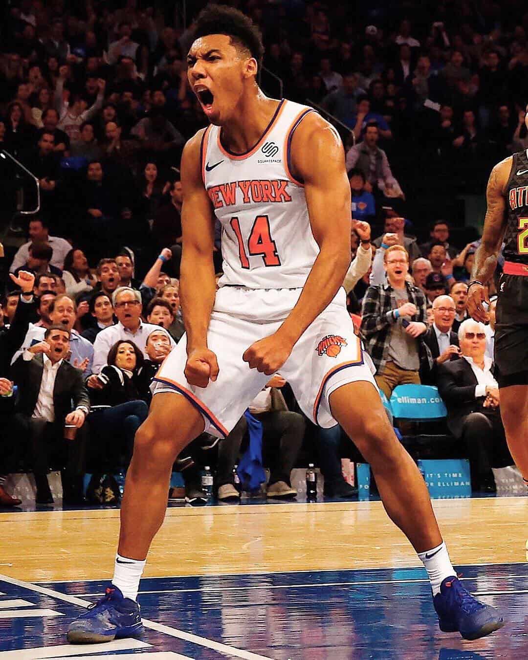 Allonzo Trier celebrates after scoring dunk against Atlanta Hawks