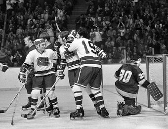 Tallon celebrating first goal for the Canucks in 1970