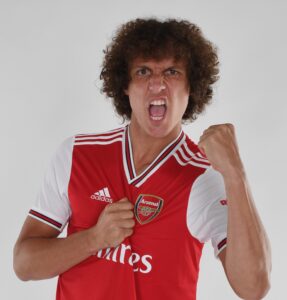 David Luiz posing with Arsenal's kit