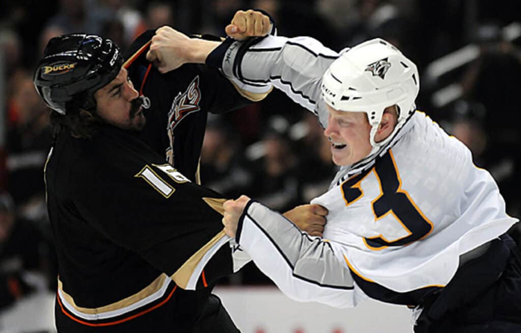 Wade Belak and George Parros during a fight