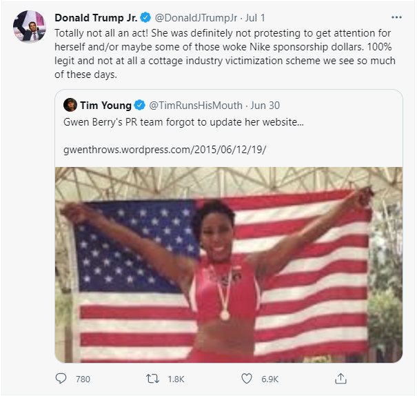 A Tweet by Donald Trump Jr. in response to Gwen Berry's viral photo