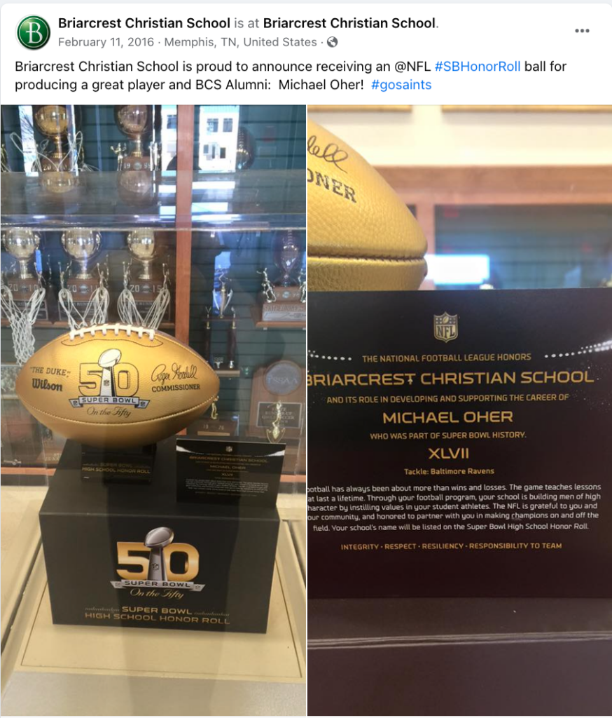 Briarcrest Christian School receives an @NFL #SBHonorRoll ball for producing a great player and BCS Alumni: Michael Oher! 