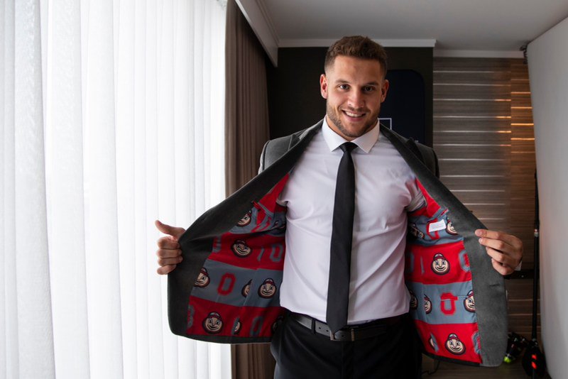 Nick Bosa wearing a Michael Strahan from JCPenny