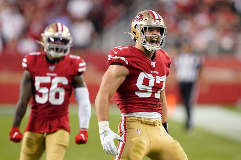 The 49ers defensive end Nick Bosa celebrating after victory over the Cleveland Browns