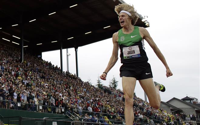 Evan Jager celebrating after winning 2012 Olympics trails