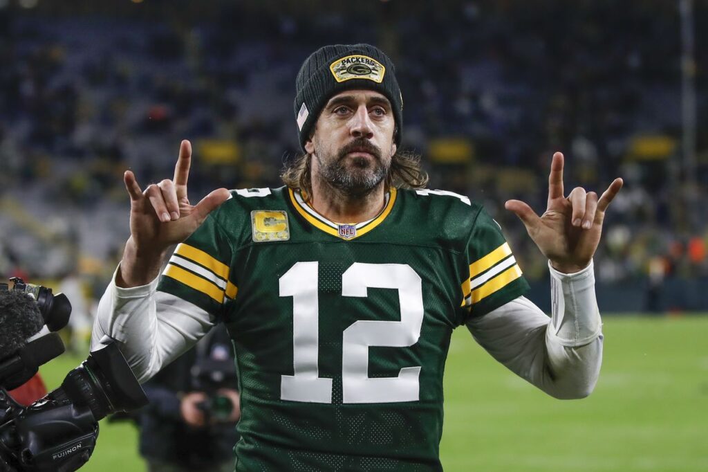 Aaron Rodgers celebrating after win against the Seattle Seahawks