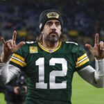 Aaron Rodgers celebrating after win against the Seattle Seahawks