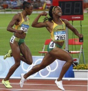 Shelly-Ann Fraser-Pryce competiting in Beijing Olympics