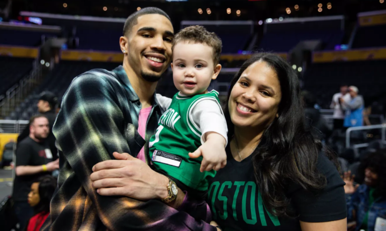 Jayson Tatum, his mother and his son smiling