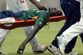 Marc Vivien Foe taken out of the field in a stretcher