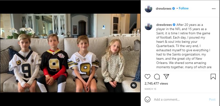 Drew Bress kids announced about their dad's retirement from NFL (Source: Instagram)