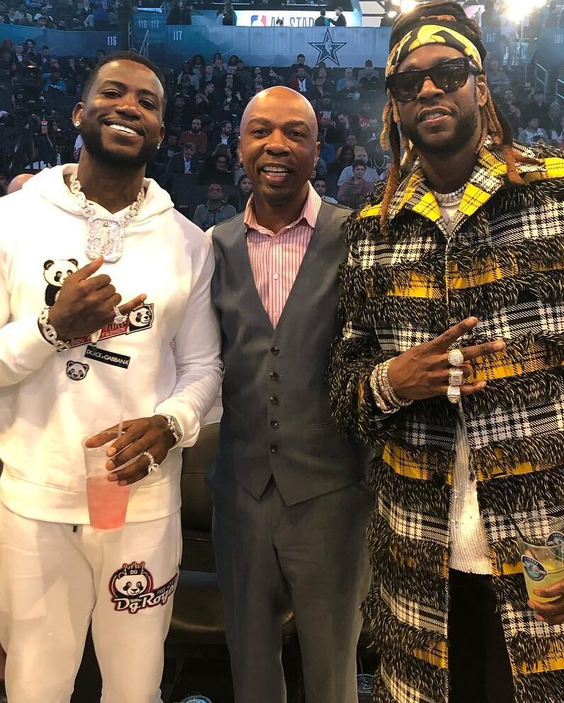 Greg Anthony With Rapper Gucci Mane And 2Chainz During A Basketball Match