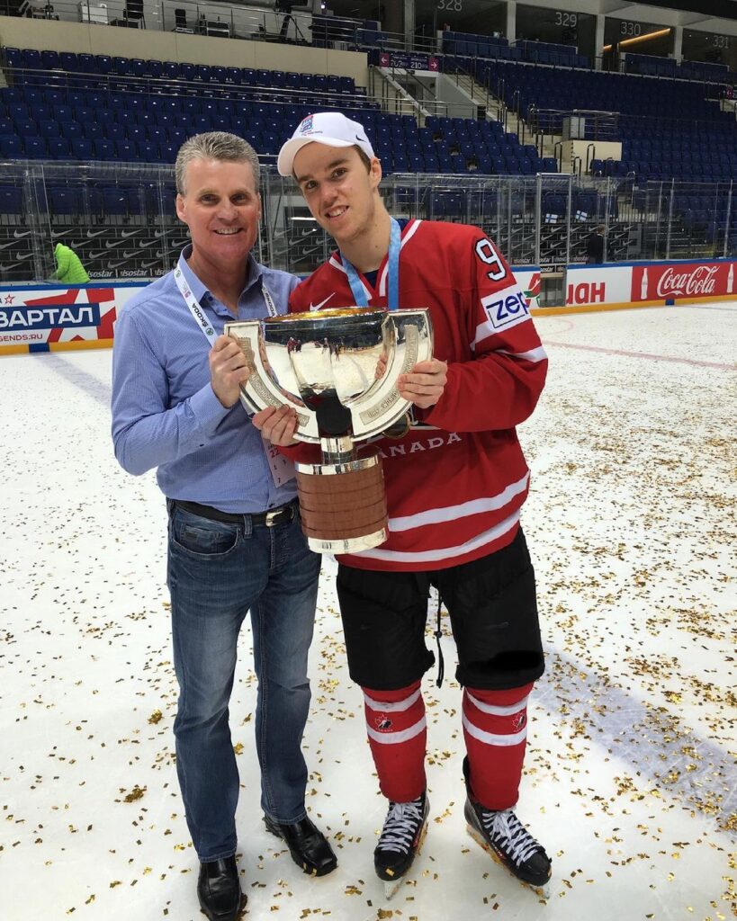 Connor McDavid along with his father during 2016 World Championship winning in Moscow 