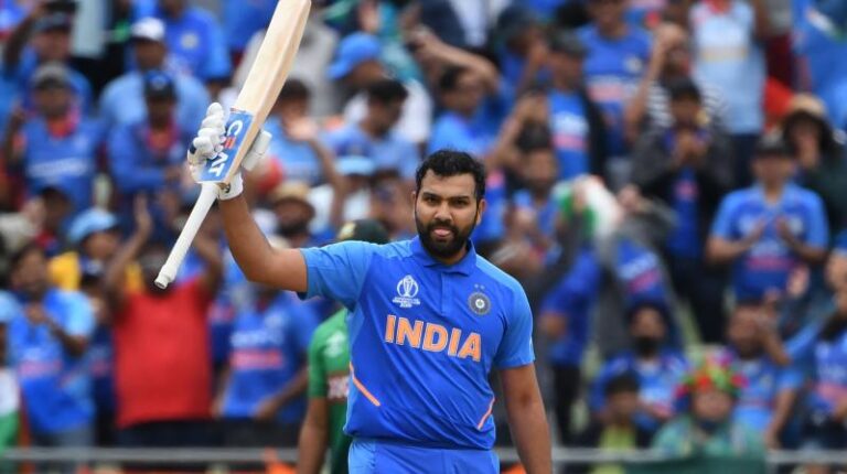 Rohit Sharma celebrates after scoring century in 2019 Cricket World Cup