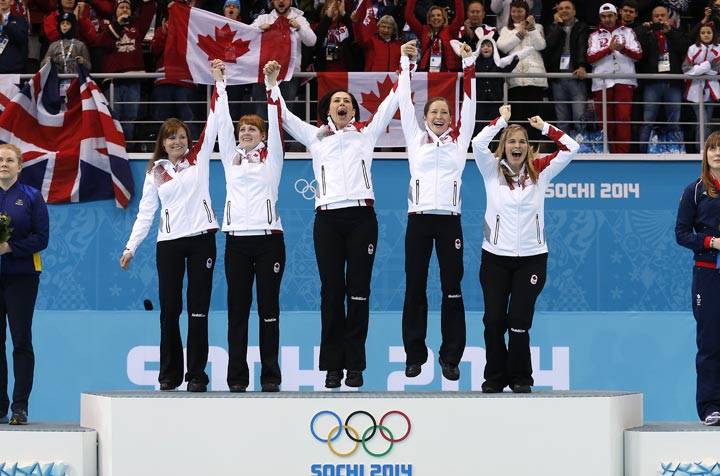 Jennifer Jones ( first from right ) and her team winning at Sochi Olympics