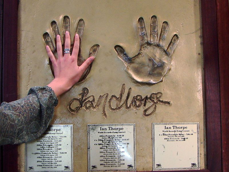 Ian Thorpe giant handprints at the Sydney Aquatic Center