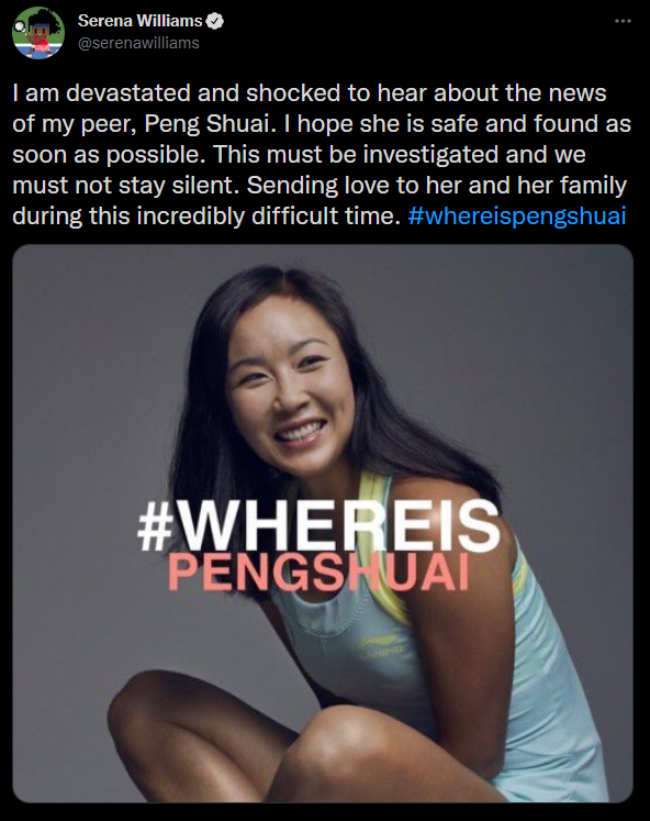 Serena William tweets about Peng Shuai 