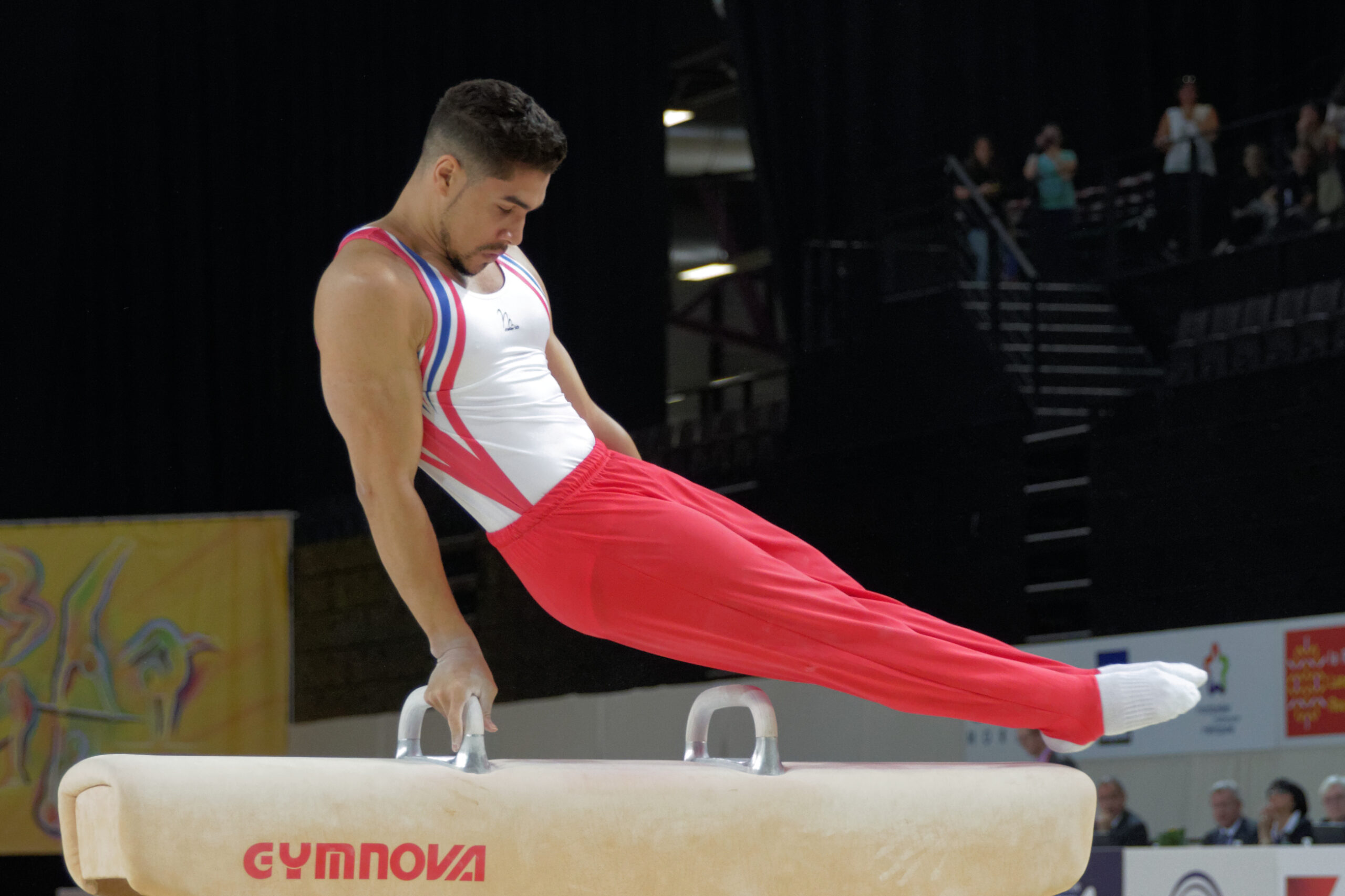 Louis Smith competing in the pommel horse finals at the 2015 European Artistic Gymnastics Championship