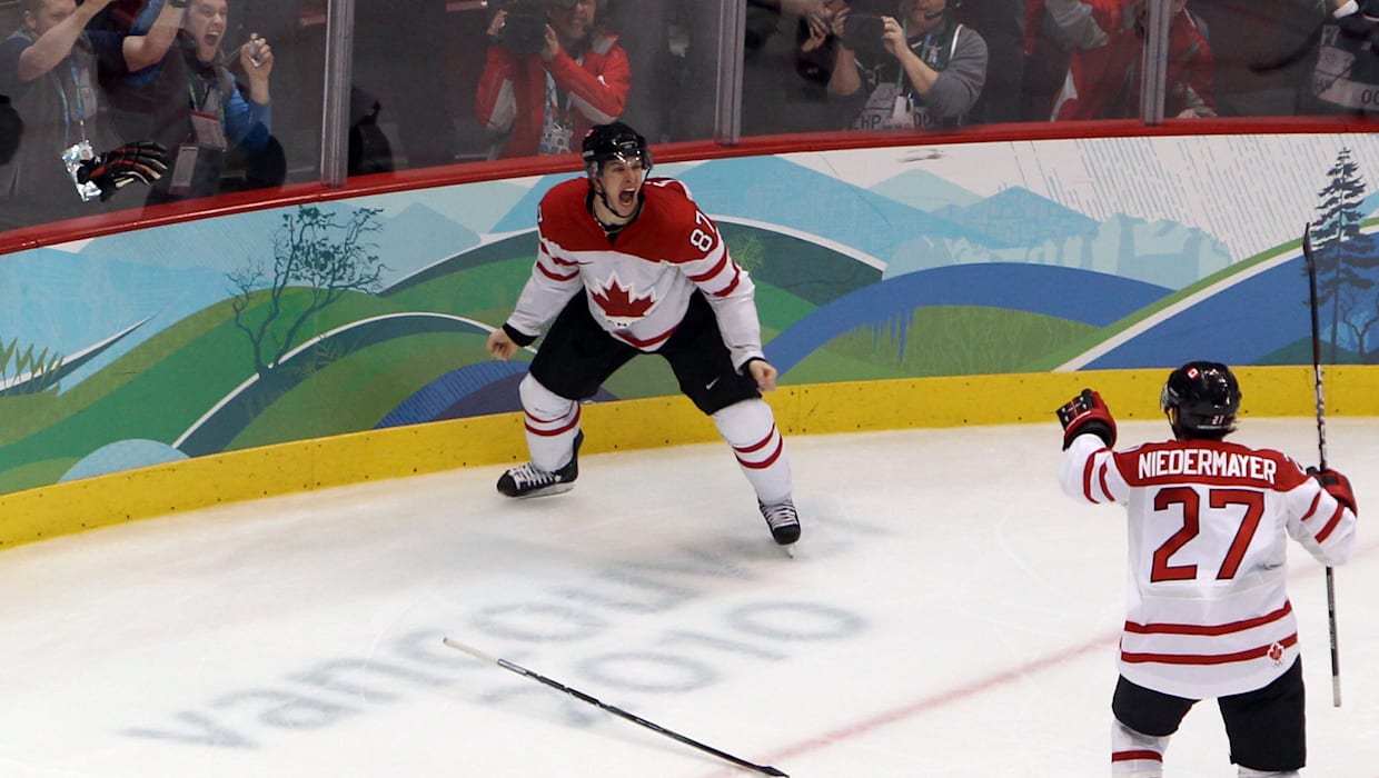 Sidney Crosby after scoring the iconic Golden Goal in Vancouver Olympics 2010