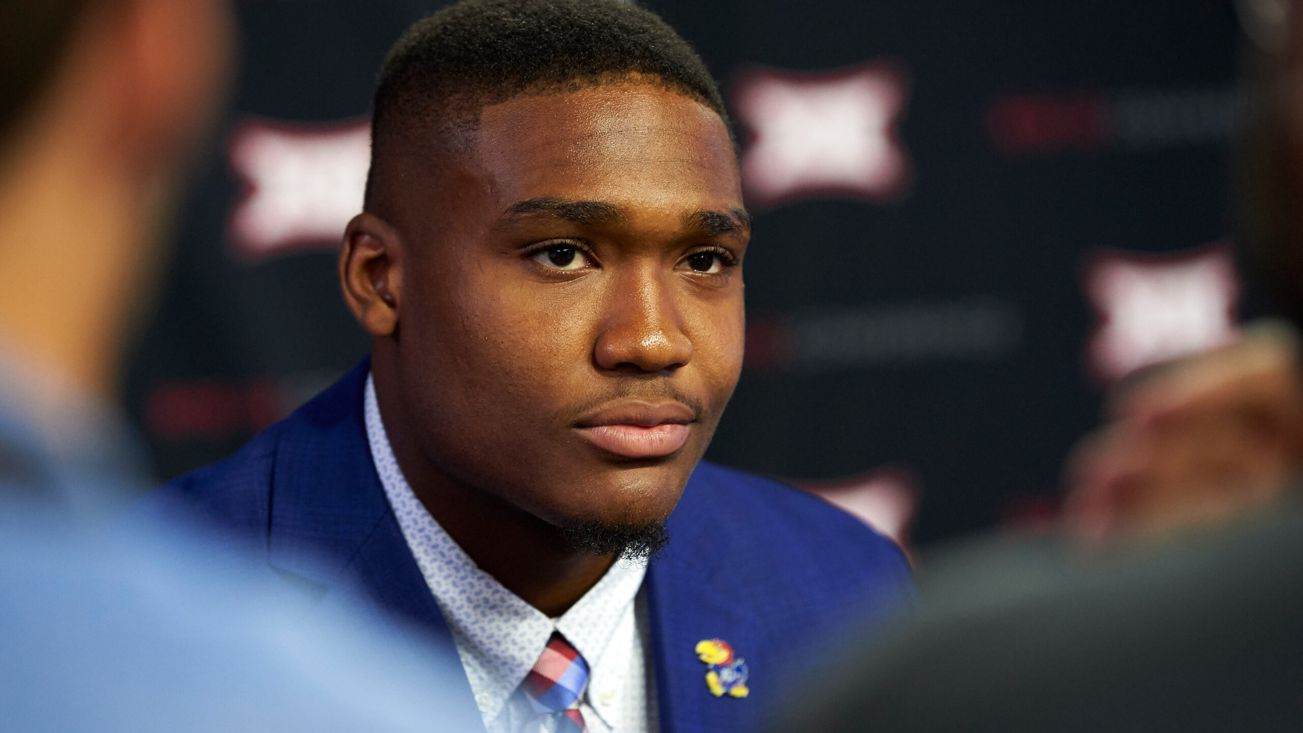 Kansas running back Khalil Herbert speaks during NCAA college football Big 12 media days in Frisco, Texas.