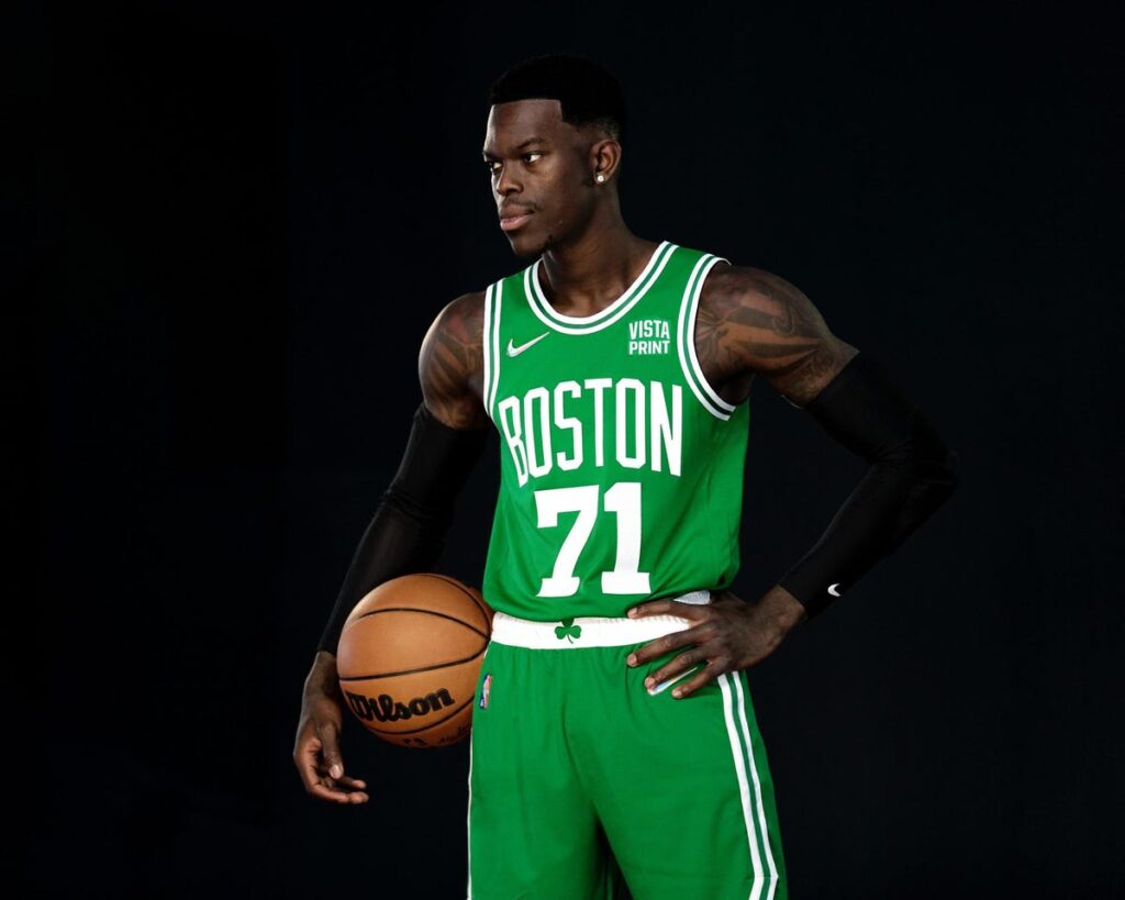 Dennis Schroder Posing In The Celtics' Jersey 