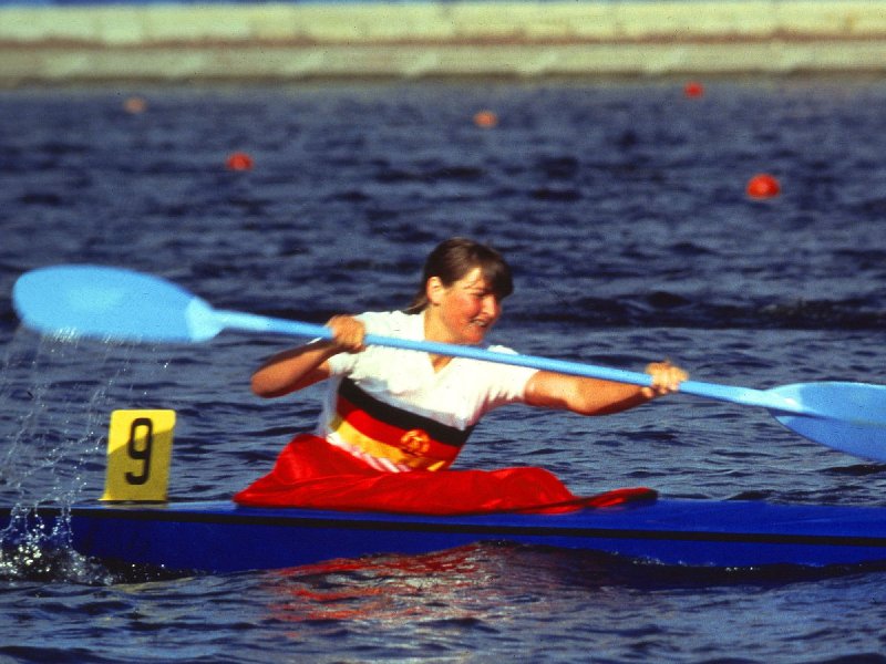 Young Birgit Fischer paddling
