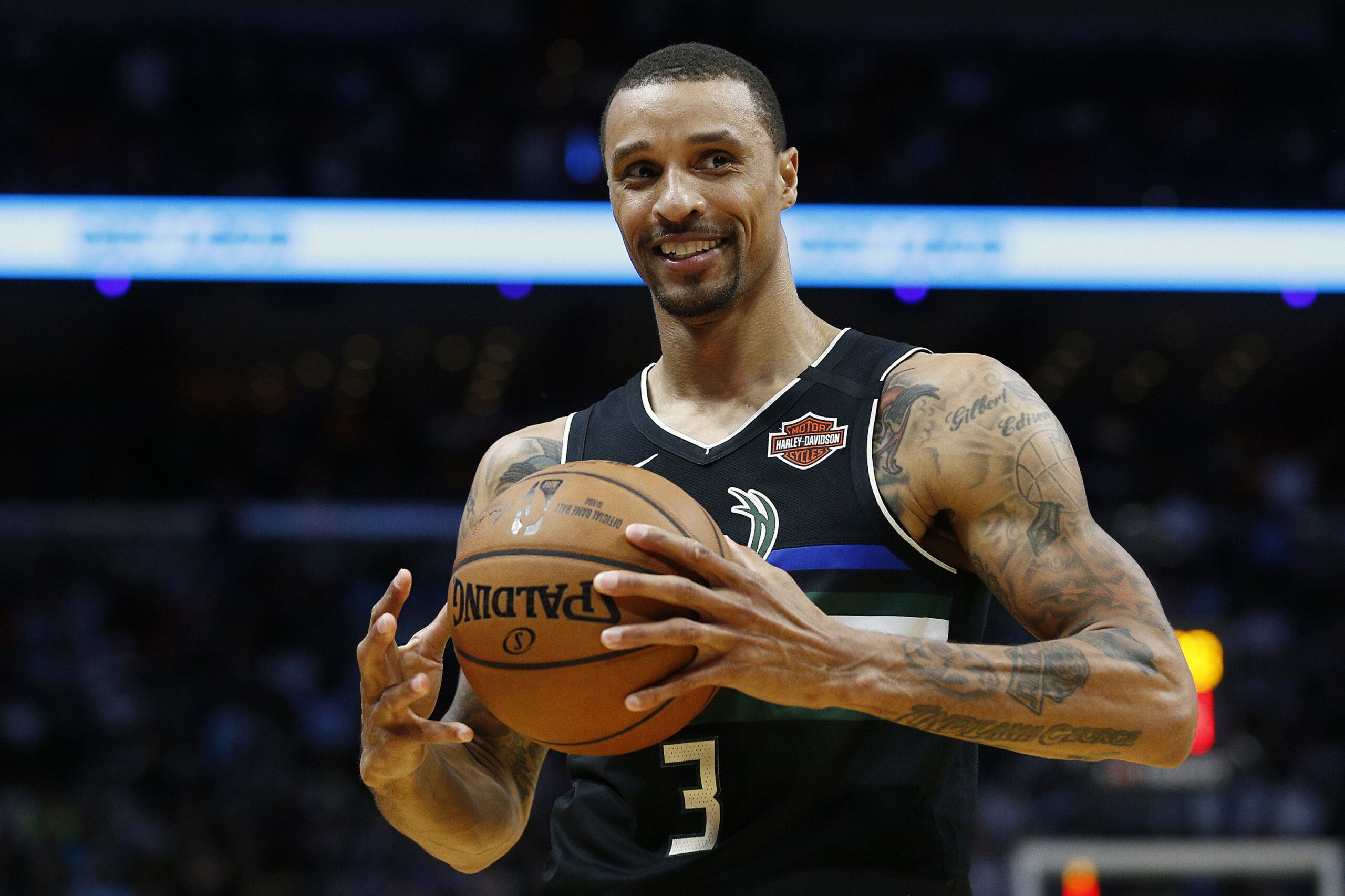  George Hill #3 of The Milwaukee Bucks Reacts Against The Miami Heat during the first half at American Airlines Arena On March 02, 2020 In Miami, Florida
