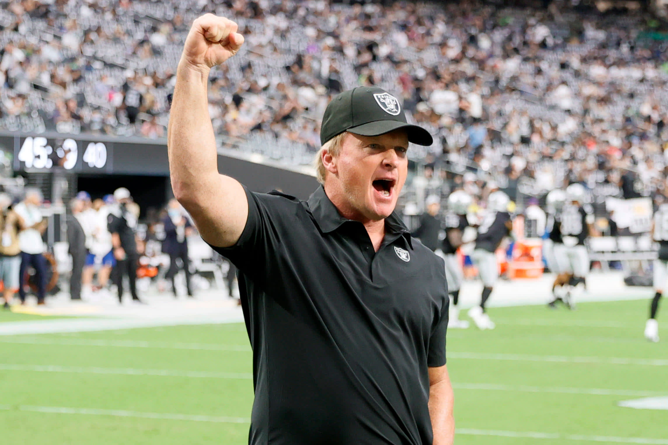 Former Head coach Jon Gruden Of The Las Vegas Raiders Reacts To The Crowd During Warmups Before A Preseason Game Against The Seattle Seahawks 