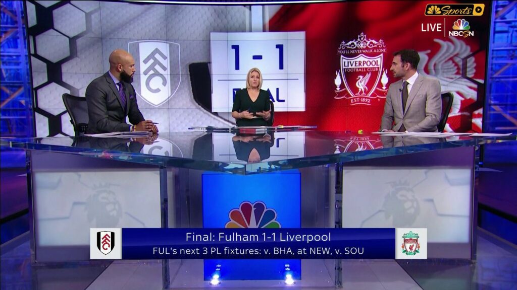 Danny Higginbotham, right, on the set of NBC's English Premier League studio show with host Rebecca Lowe, center, and former U.S. men's national team star goalkeeper Tim Howard, left.