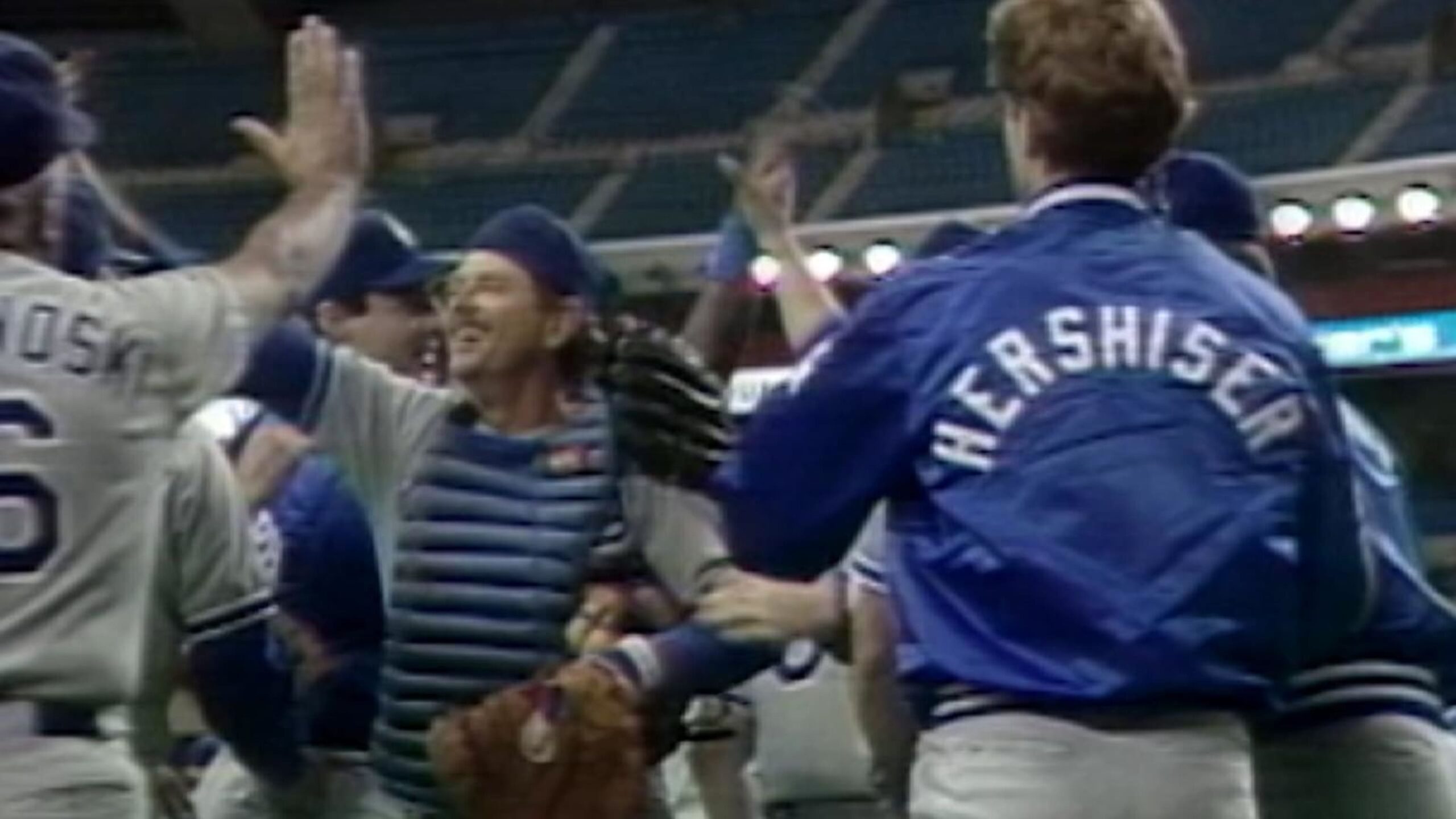 Los Angeles Dodgers celebrating their win, August 23, 1989