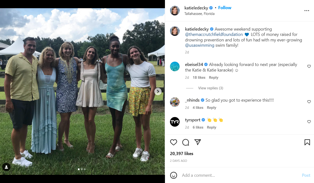 Katie Ledecky's Instagram post while supporting drowning prevention cause