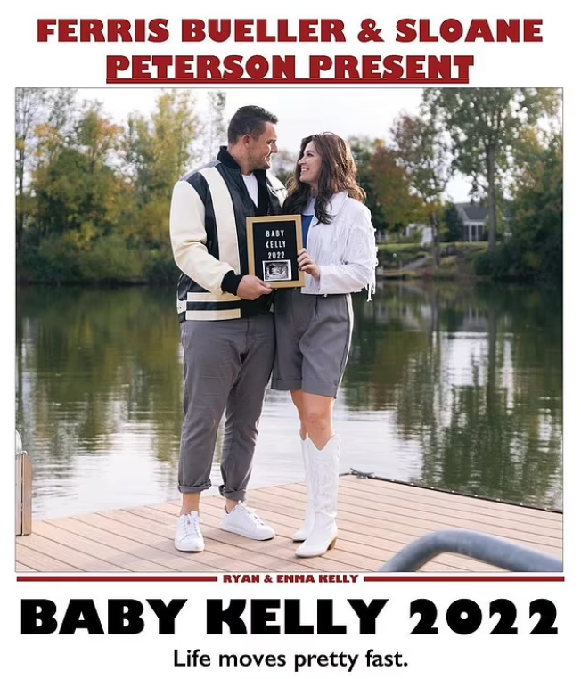 A Ferris-Bueller-themed picture that the couple uploaded on October 31 served as their 2022 pregnancy announcement.