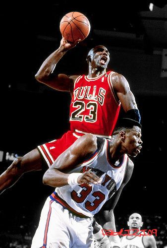 Michael Jordan dunk ball over Patrick Ewing
