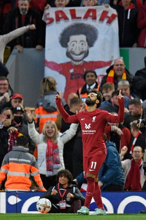 Mohamed Salah Celebrates After Scoring A Goal At Anfield In 2022