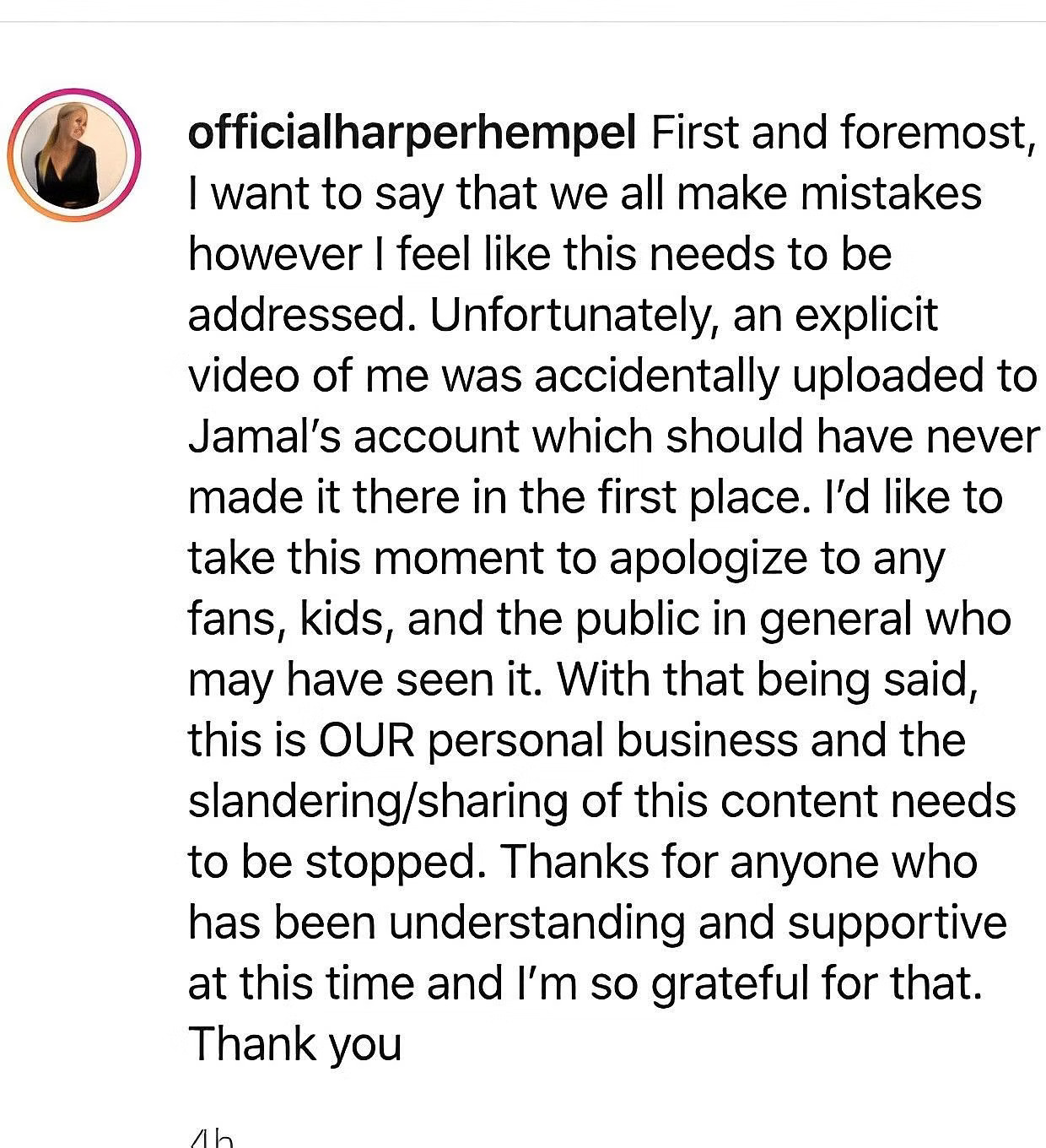 Harper Hempel's Instagram Post After The Leaked Video Incident 