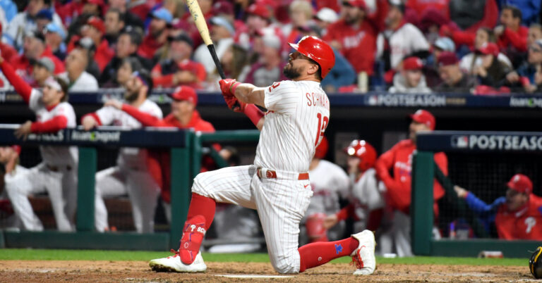 Kyle Schwarber (12) hits a home run in the sixth inning during game four of the NLCS against the San Diego Padres for the 2022 MLB Playoffs