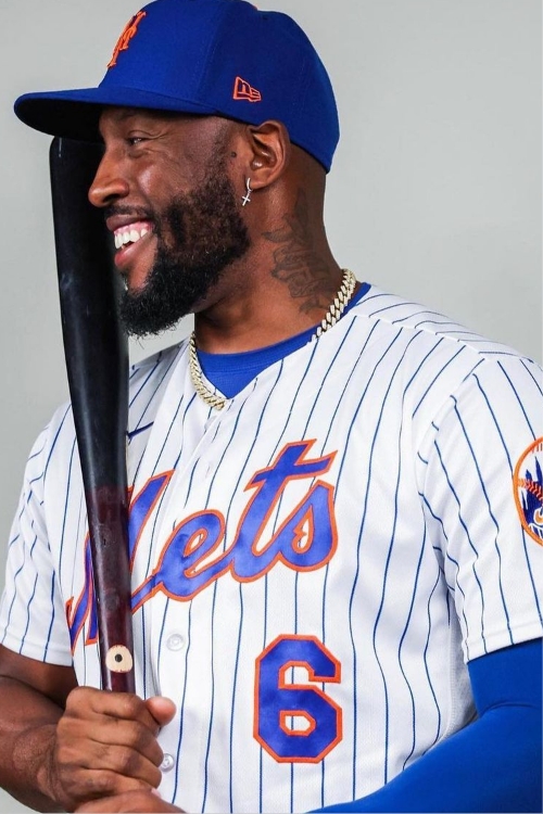 Starling Marte Poses For A Photo In Jets Colors