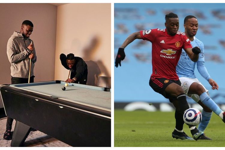 On Left: Aaron Pictured Playing Pool With His Brother Kevin And On Right: Wan Bissaka Seen Defending Against Former City Player Raheem Sterling 