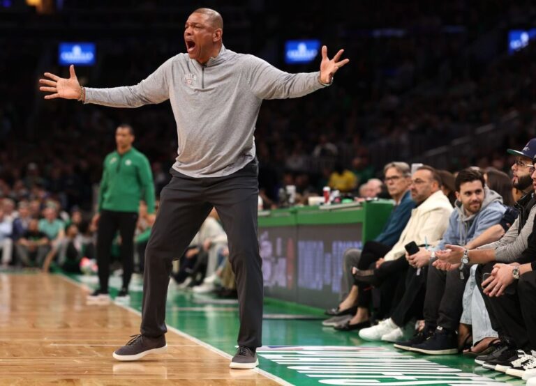 The Former 76ers Coach Doc Rivers Giving His Side Instruction During The Playoffs Against Boston Celtics